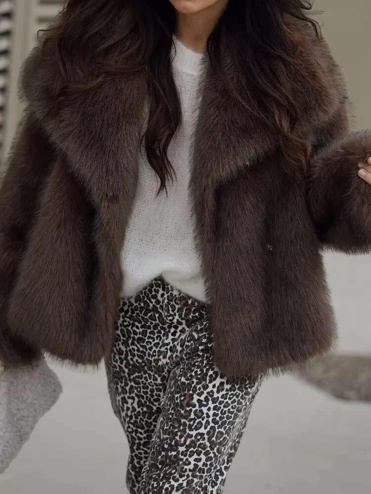 Vintage Brown Fluffy Faux Fur Jacket Women Elegant Soft Lapel Full Sleeves Short Coats Autumn Winter Lady Street Outwears