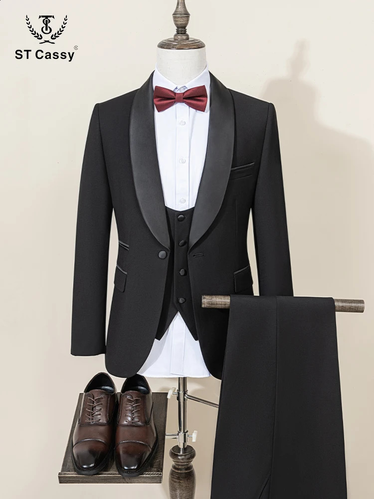 ST Cassy Mens suit black collar formal wedding dress threepiece orthodox vest pants 250224