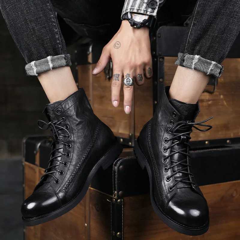 YWEEN 2023 New Mens Boots British Style High-top Leather Shoes Men All-match Boots Outdoor Black Leather Boots For Men Z250303