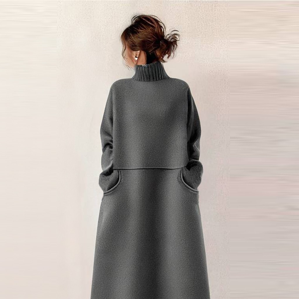 V34115J apanese style 2024 autumn new knitted high collar stitching woolen dress