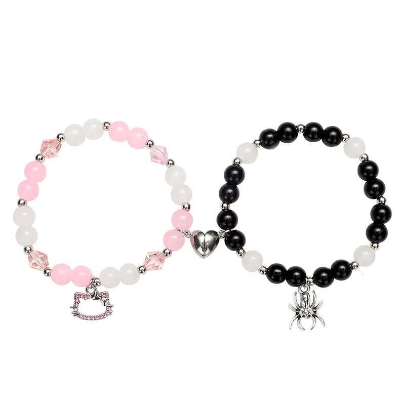 2 PCS Spider Charm Beaded For Best Friend Multi Color Cat Eye Heart Bracelet Set Red Blue Beads Fireball Spacer
