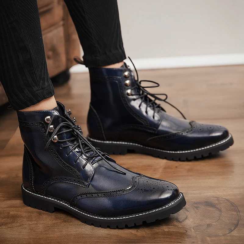 New Style Red Mens Leather Boots Fashion Lace-up Casual Ankle Boots for Men Luxury High-top Dress Shoes Men Cowboy Boots Z250303
