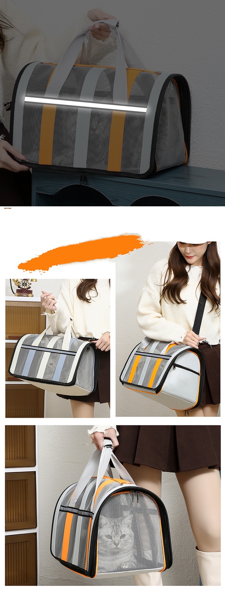 Reflective strip design Cat, Dog Carrier for Small Medium Cats Expandable Soft Sided, Collapsible Travel Puppy Carrier