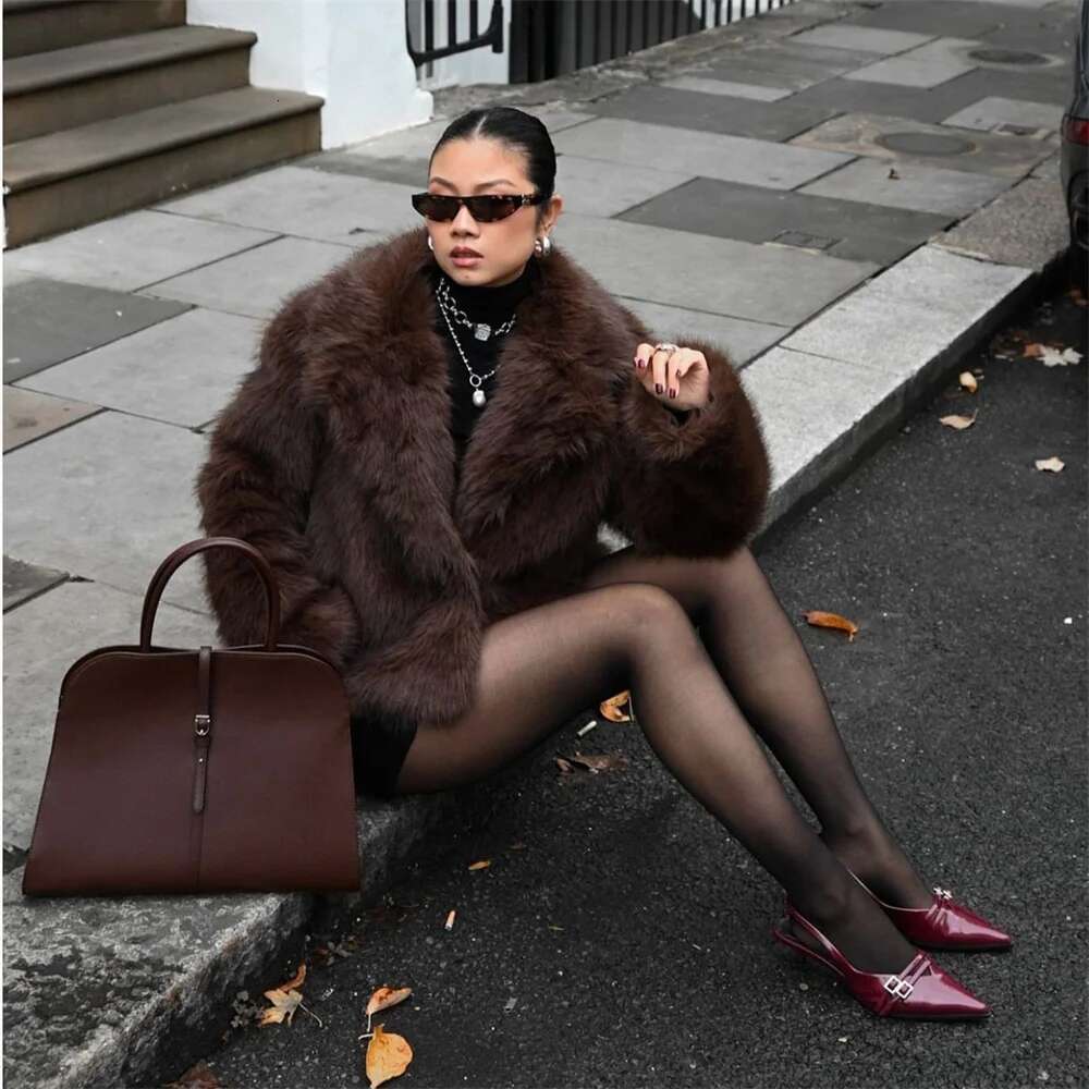 Fashion Girls Brown Fluffy Short Faux Fox Jacket Women Winter 2024 Hot Brand Thick Warm Eco Fur Coat Female