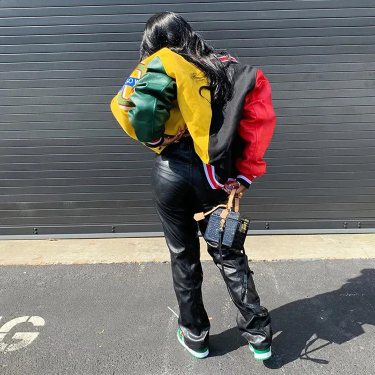 Fall Winter Print Patchwork Yellow Jackets For Women Long Sleeve Varsity Jacket Buttons Loose Baseball 250228