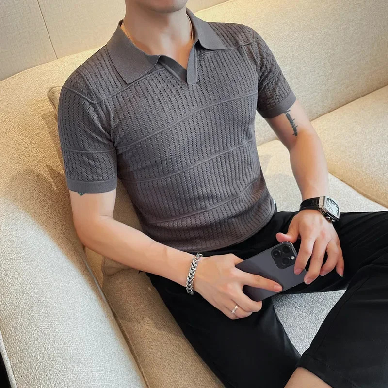 Short sleeved polo shirt mens summer style hollow collar half sleeved T-shirt fashionable short sleeved sweater weight loss gray top 250226