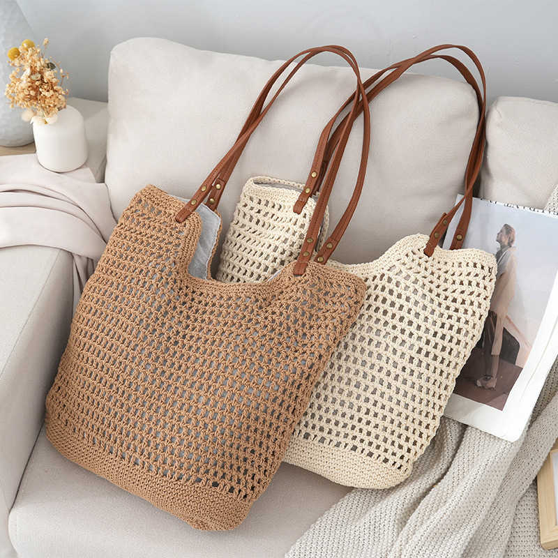 Beach vacation bag, women's bag, leisure hollow shoulder cotton thread woven bag, lazy style hand-held grass woven bag