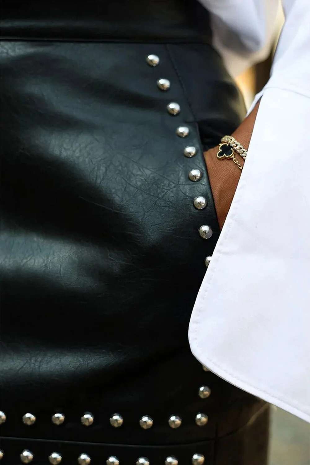 Plus Size Business Casual Black Studded Split PU Leather Skirts