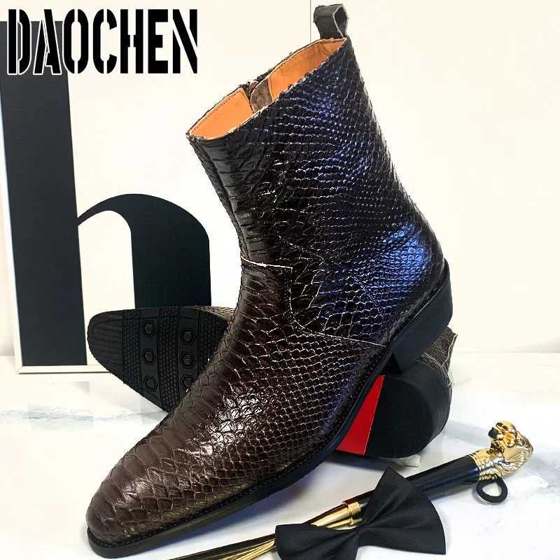 Luxury Men Mid-Calf Boots High Grade Python Print Shoes Casual Mens Dress Boots Winter Leather Chelsea Boots Shoes Men Z250303