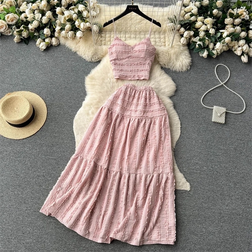 Summer Lace Patchwork Beach Two Pieces Sets Women Sexy CamisoleA Line Long Skirt Fashion Elastic Bohemian Suits 250228