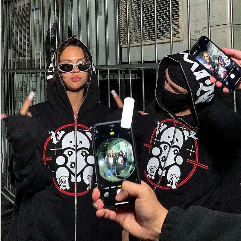 Autumn and Winter Harajuku Y2K Trendy Brand Letter Cartoon Printed Long Zipper Hoodie Coat Loose Gothic INS