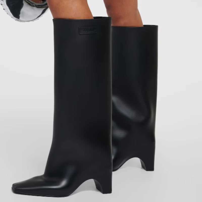 Rubber Bridge Knee High Boots Santiago Black Red White Silver Artificial Leather New Square Toes Fall Luxury Brand Womens Boots Z250303