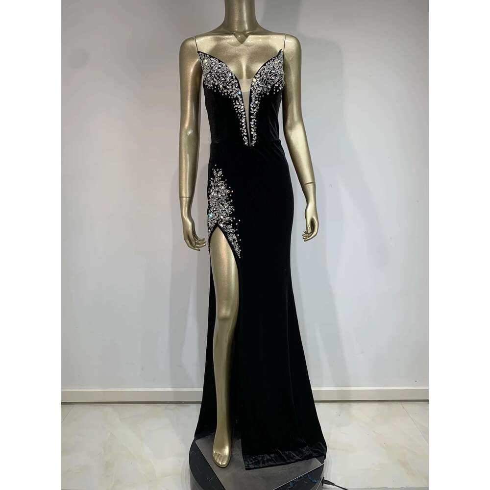 Brand New Women Celebrity Sexy Strapless Dias Veet Black Long Gowns Elegant Split Evening Party Maxi Dress