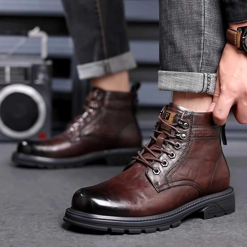 Mens leather boots spring and autumn leisure cotton boots soft bottom comfortable outdoor tooling boots British fashion boots Z250303