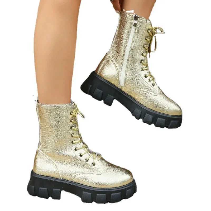 Shining gold womens boots 2023 new high top lace motorcycle boots street fashion casual platform boots womens Zapatos De Mujer Z250303