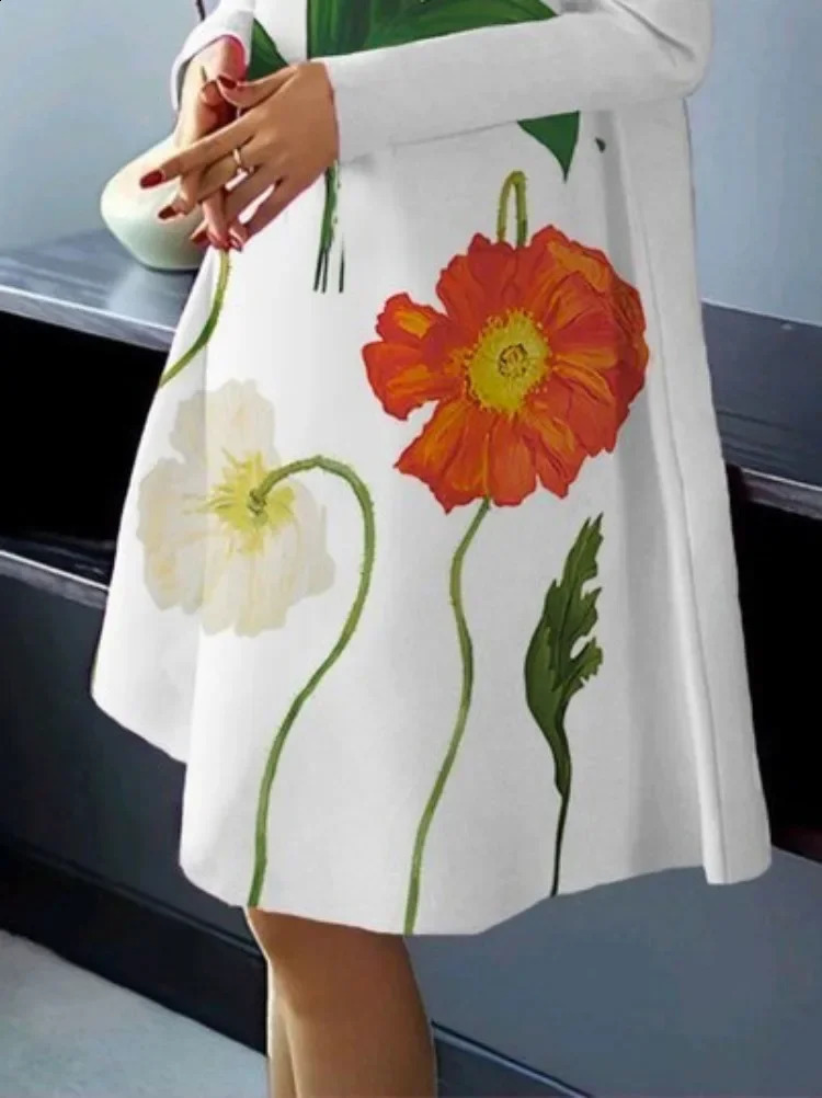 UOOZEE Women British Style High Neck Evening Midi Dresses Autumn Flower Printed Long Sleeves Elegant Aline Dress 250228
