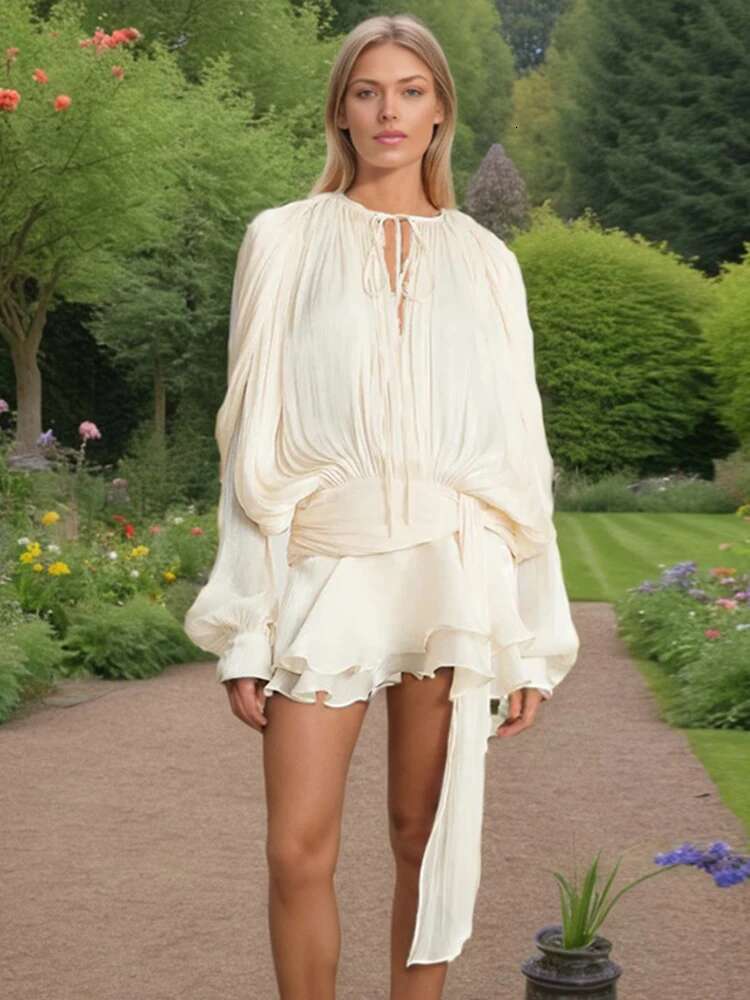 Elegant Unce Women V Neck Up Lantern Sleeves Chic Mini Robe Female 2025 Spring New Patchwork Lace Beach Dress Lady