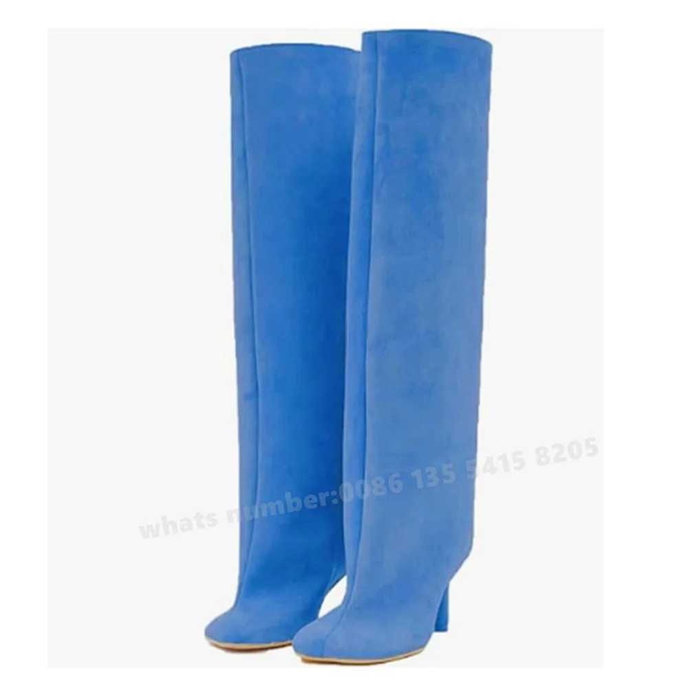 Suede Kitten Heels Knee High Boots Beige Square Toe Slip On Solid Winter Womens Boots Luxury New Designer Casual Shoes Big Size Z250303