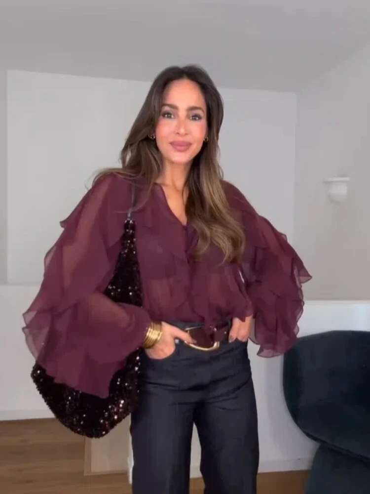 Elegant Solid Ruffles Chiffon Thin Shirts For Woman 2025 Spring New V Neck Long Sleeved Buttons Blouse Fashion Office Lady Tops
