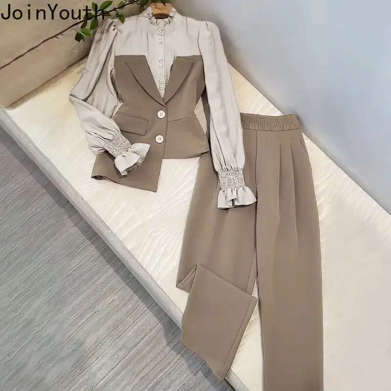 Temperament Outfits Korean 2 Piece Sets For Women Irregular Fake Two Shirt Tunic Pants Suit Roupas Femme Chic Vintage Set
