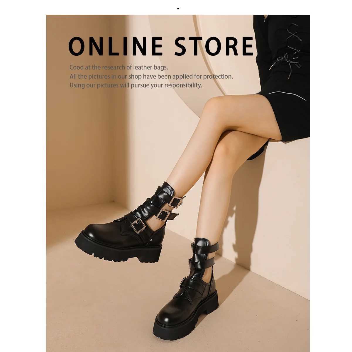 Womens Boots Summer Leather Hollow Med Heel Platform Shoes Modern Solid Black White Punk Gothic Sandals Luxury Designers Spring Z250303