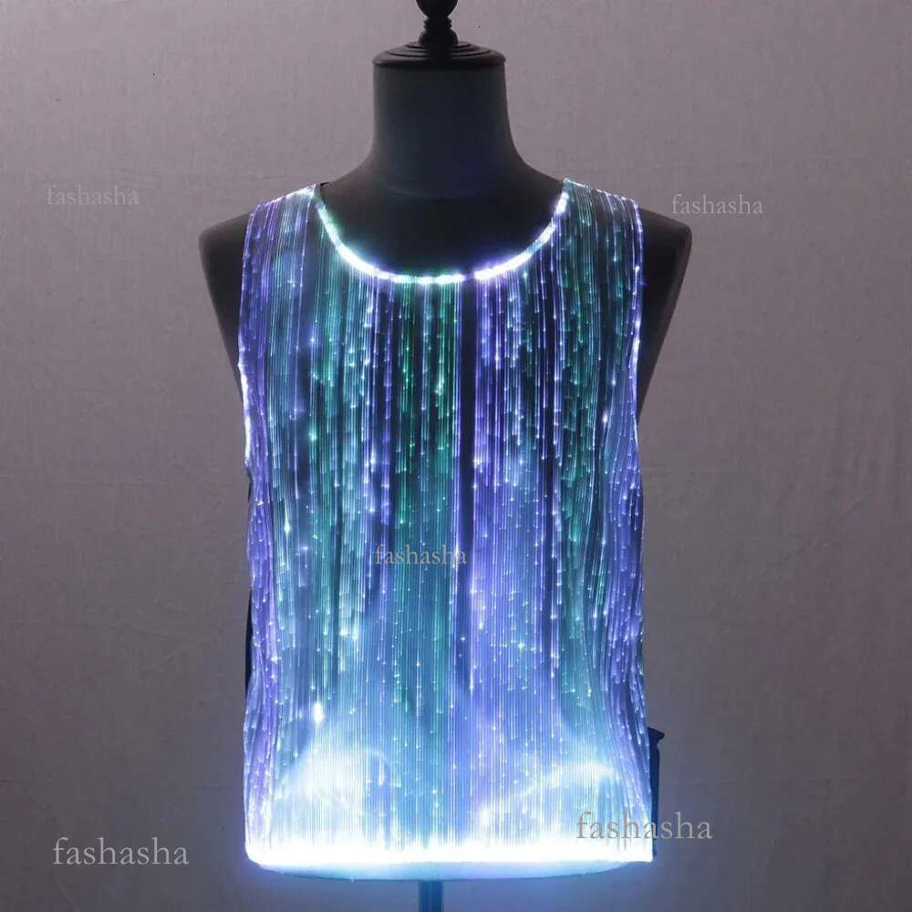 Colorful Summer Men LED Luminous Night Club T Shirts Y2k High Street Sleeveless Vest Optical Fiber Fabric Patchwork Tops 2