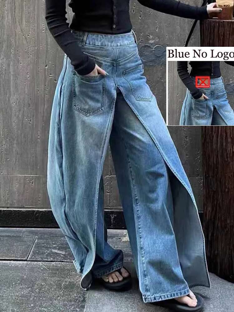 Spliced Design Women Hip Hop Baggy Wide Leg Denim Pants Trendy Vintage High Waist Fake Two-Piece Jeans Trousers