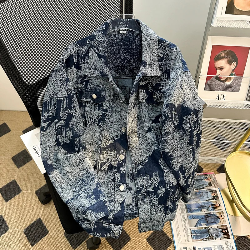 Mens Jacquard Loose Fit Casual Punk Fashion Autumn/Winter European Style Embroidered Denim Jacket 250228
