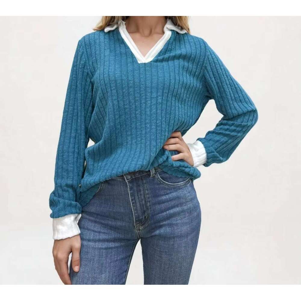 2024 Vintage European American Women's Top New V-Neck Contrast Winter Casual Sweatshirt