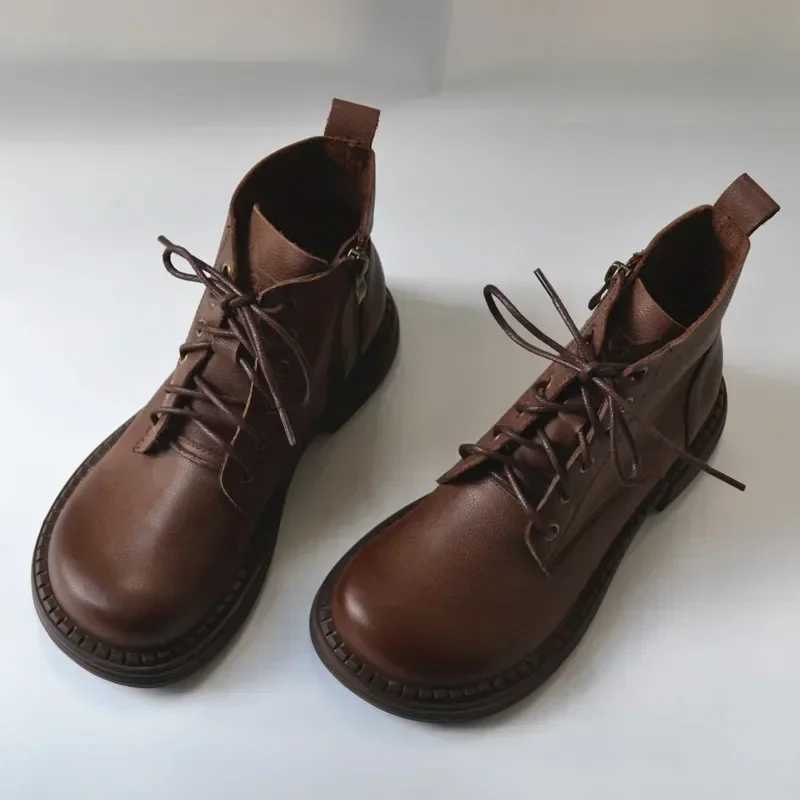 literary soft women boots genuine leather rubbing literary looseness wide toe fat feet booties big nose Z250303
