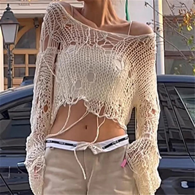 Hollow Out Knit Chic Sweater Women Grunge Slash Neck Ripped Harajuku Crop Pullover Long Sleeve Y2K Sexy High Street Tops y250225