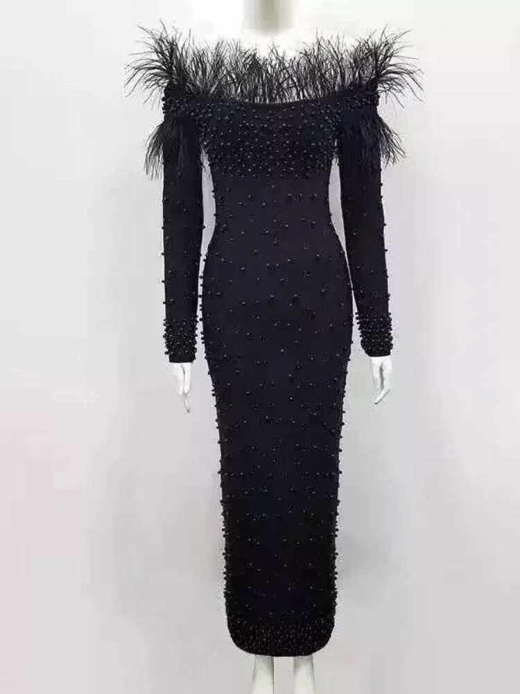 Feather Beading Party Dress For Women Sexy Off Shoulder Long Sleeve Elegant Bodycon Formal Event Evening Wedding Robes
