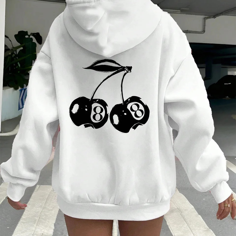 Cherry Print LongSleeved Sweater Women Spring Autumn Drawstring Hoodie Casual Vintage Ladies Basic Wear Hooded Tracksuit Tops 250303