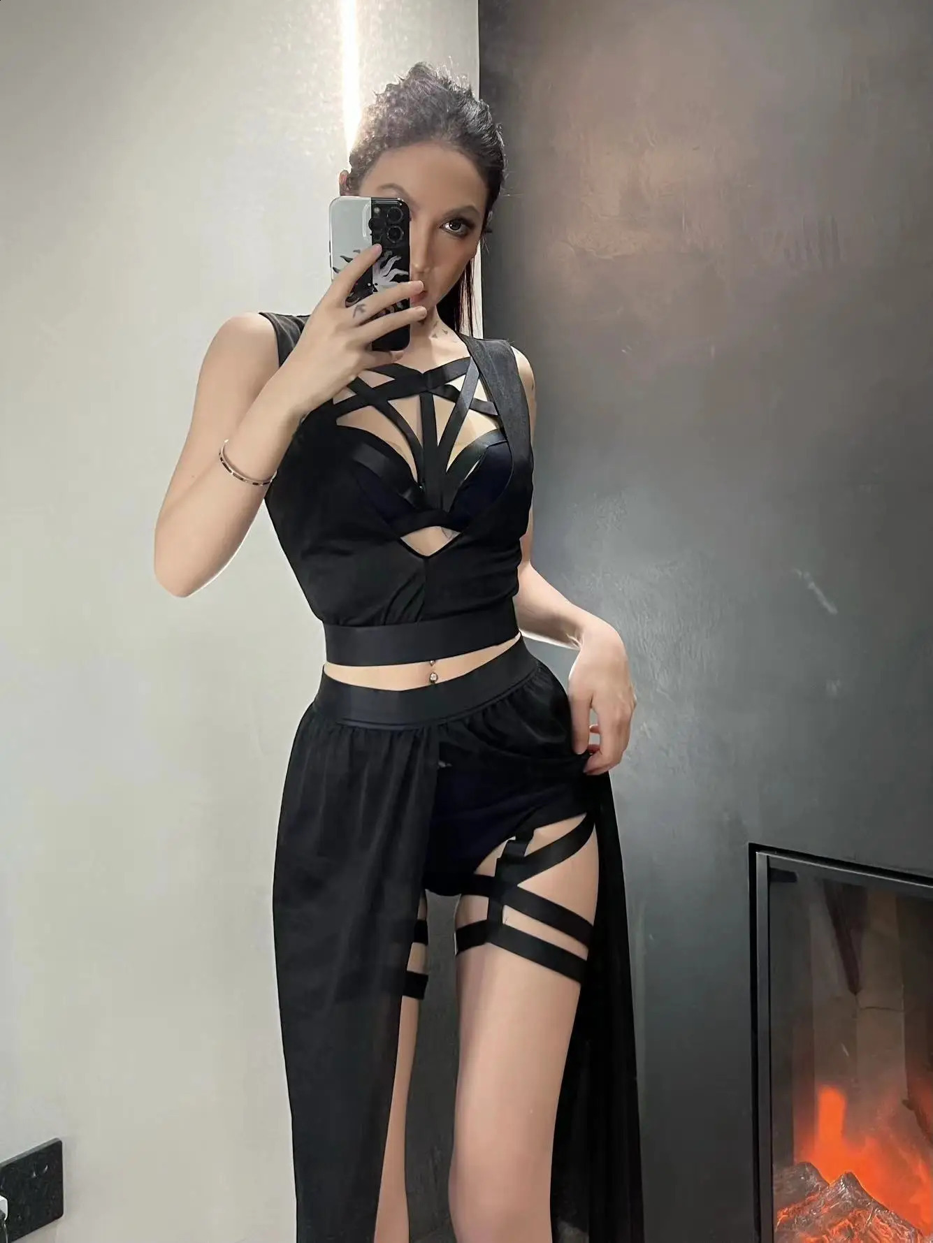 Goth Club Mesh Sexy Summer Corsets Skirt Set Women Sleeveless Black Crop Bra Top Bandage Underpants Slit Skirt 4pcs Sets 250228