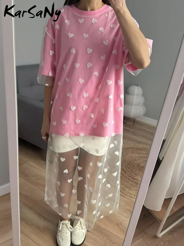 Long Mesh T Shirt Dress For Women Short Sleeve Heart Tulle Two Piece Dresses WOmens White Loose Maxi With Red 250228