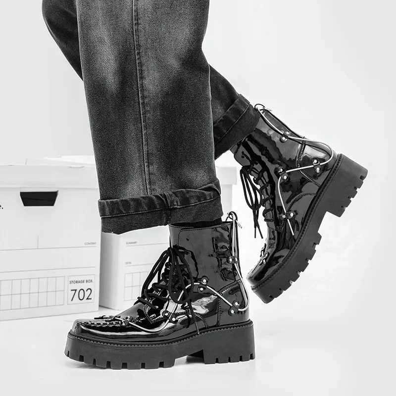 CLAIAMI Luxury Design Ankle Boots for Men Street Style British Handsome Square Head Men Boots Patent Leather Men Shoes Z250303
