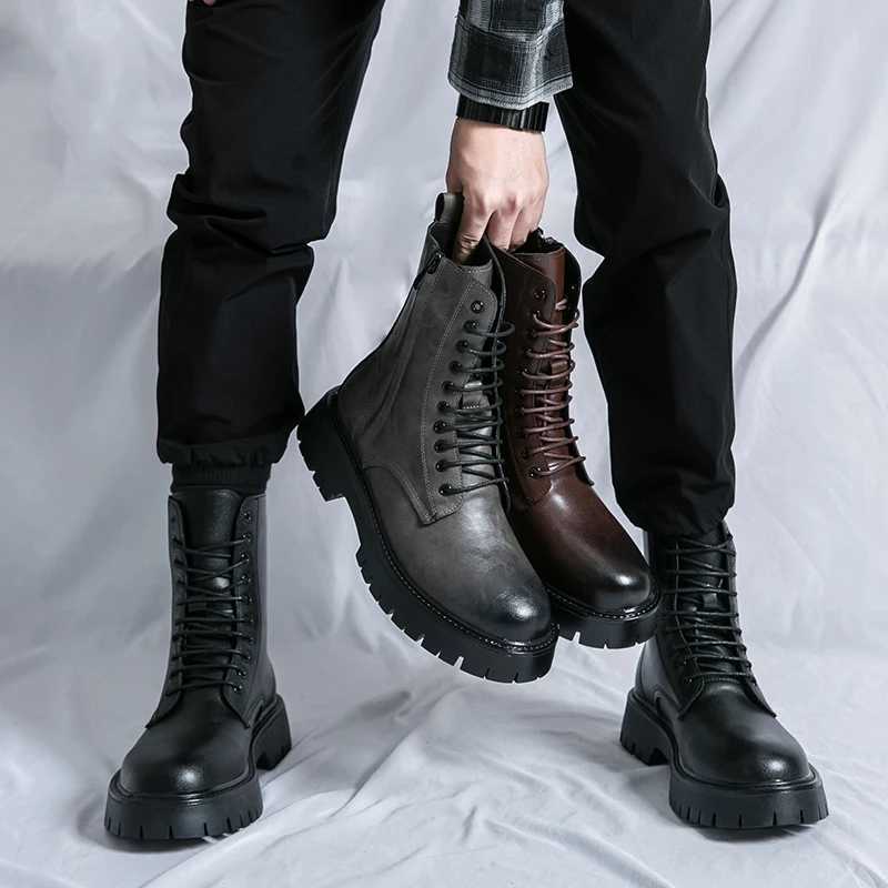 Black ankle mens lace up boots zipper Pu safety shoes motorcycle boots gray brown platform boots Z250303