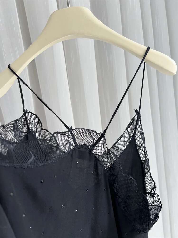 Women Lace Ing Camisole Dress 100% Viscose Hot Rhie Decoration Lady Sleeveless Black Jacquard Sg Long Robe