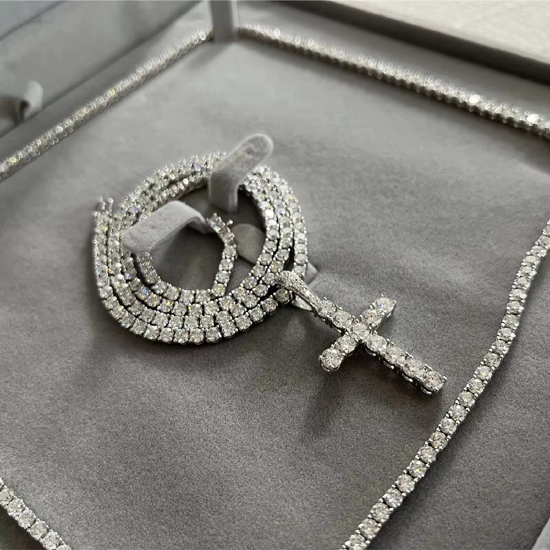 Iced Out 3mm Moissanite Dia VVS Sterling Sier Tennis Chain Necklace