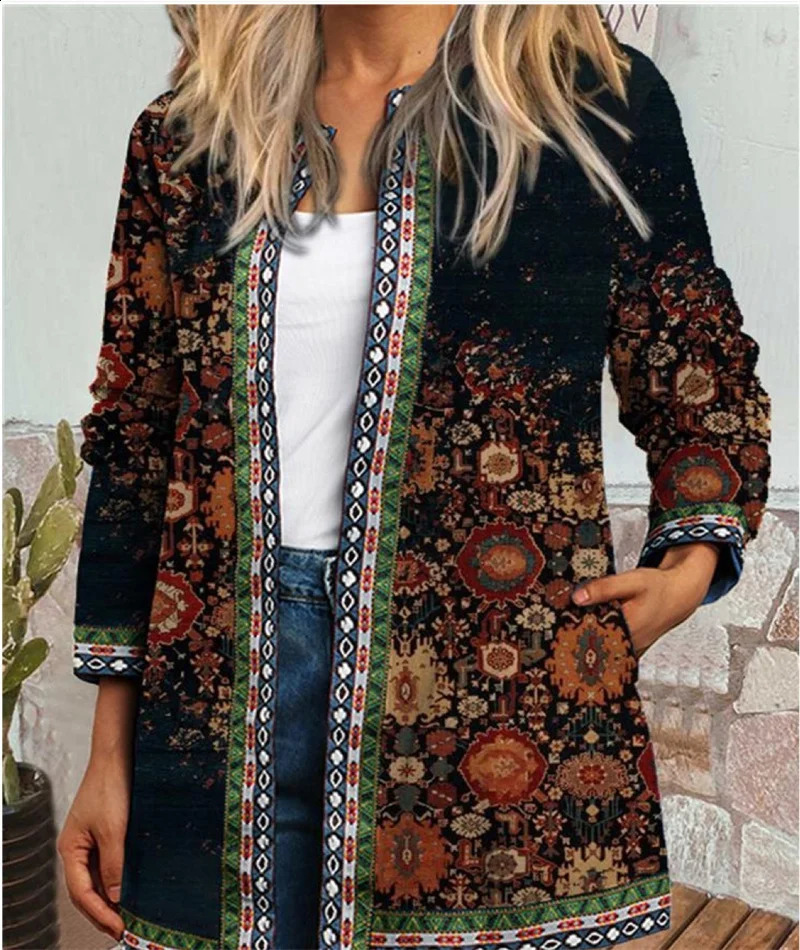 Retro ethnic style printed side pocket jacket for womens autumn Oneck long sleeved comfortable and casual cardigan 250228