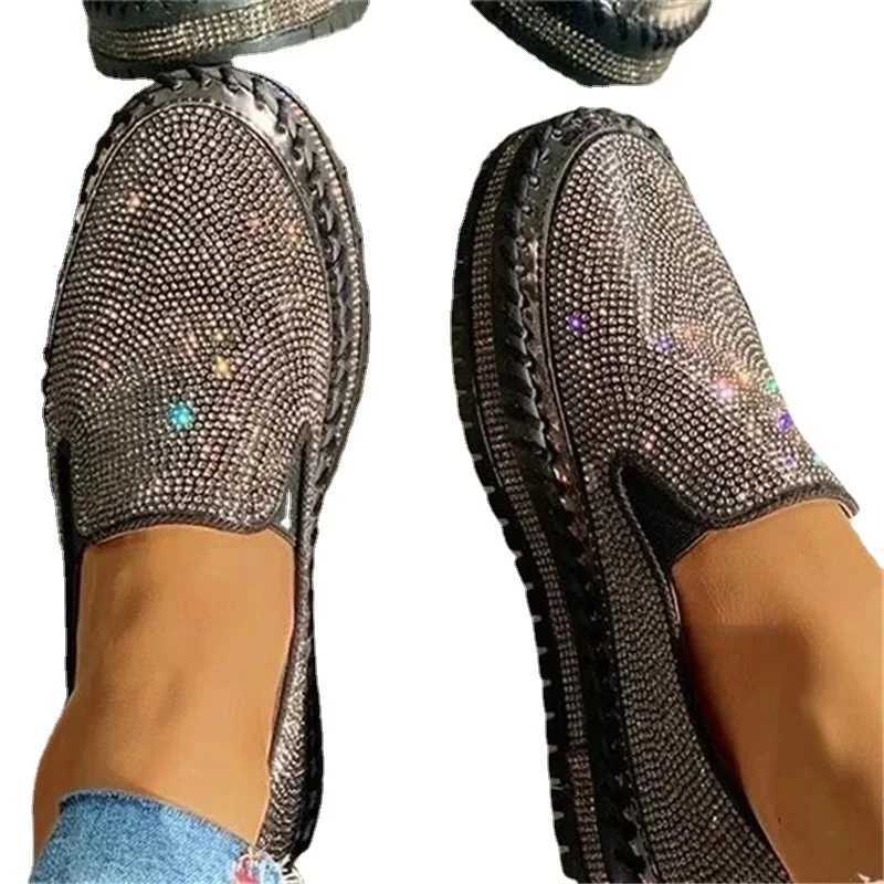 Ladies Flat Sequined Sneakers Casual Womens Mesh Lace-up Fine Diamond Sequins Thick-soled Comfortable Vulcanized Shoes M250303