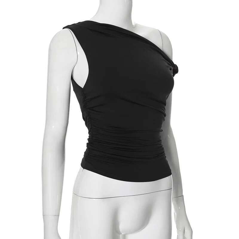 Basic Women's Simple Casual Summer Sleeveless Tank Top Solid Color Off-Shoulder Side Ruched Crop Vest Spring Fashion T-Shirt