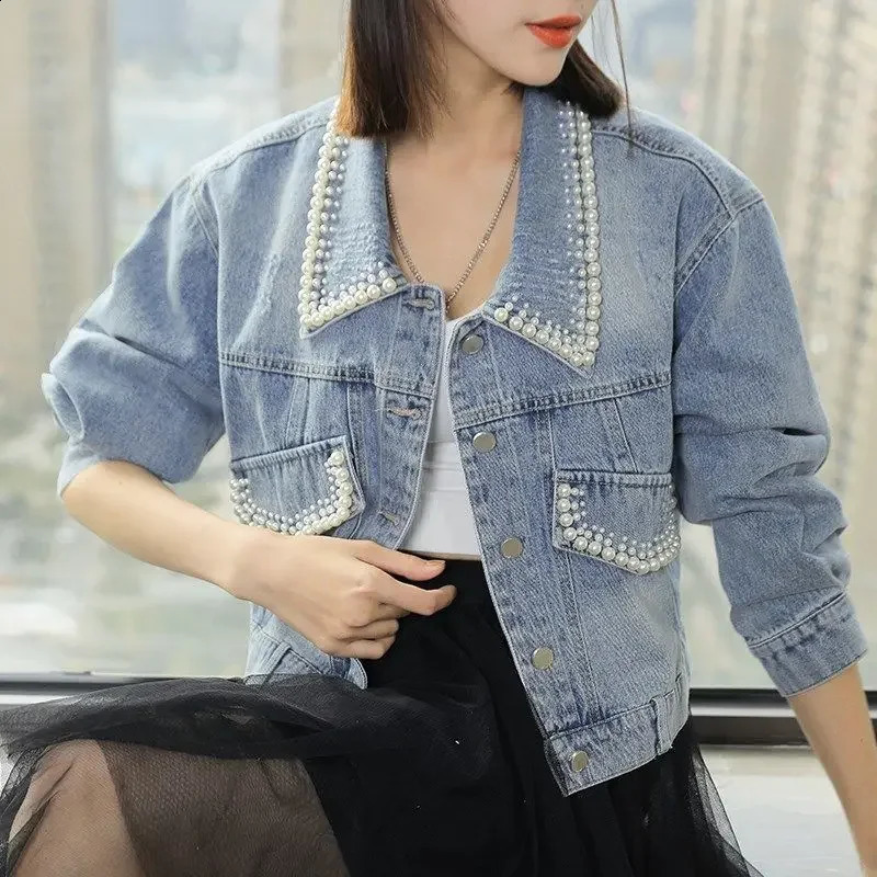 Trendy LooseFit Denim Jacket For Women Spring Autumn Style Korean Version Petite Cropped Pearl Clip 250228