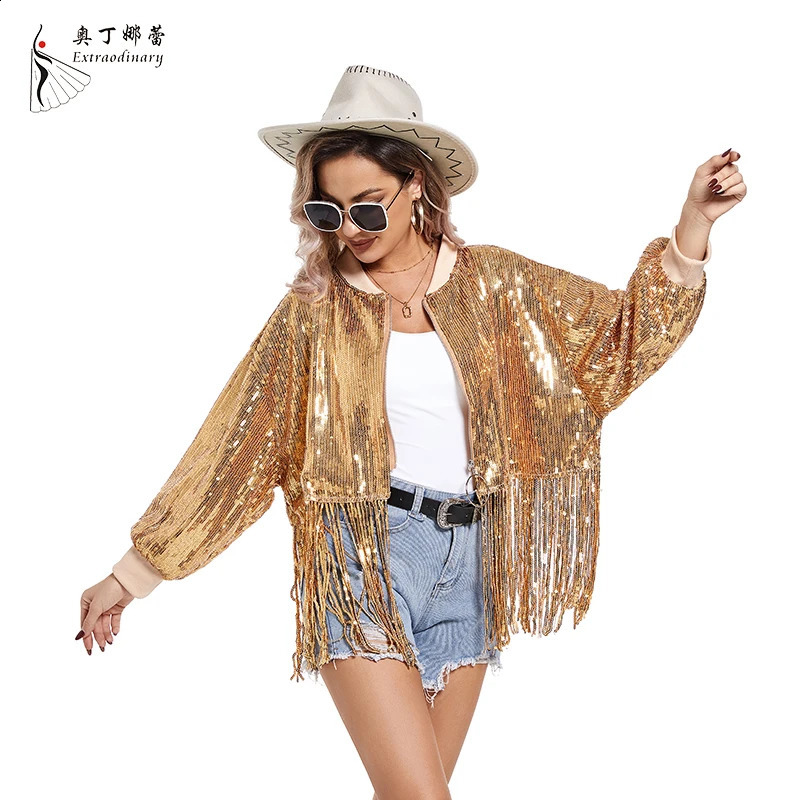 Womens sequined tassel jacket outerwear long sleeved sparkling frontal party bomber 250228