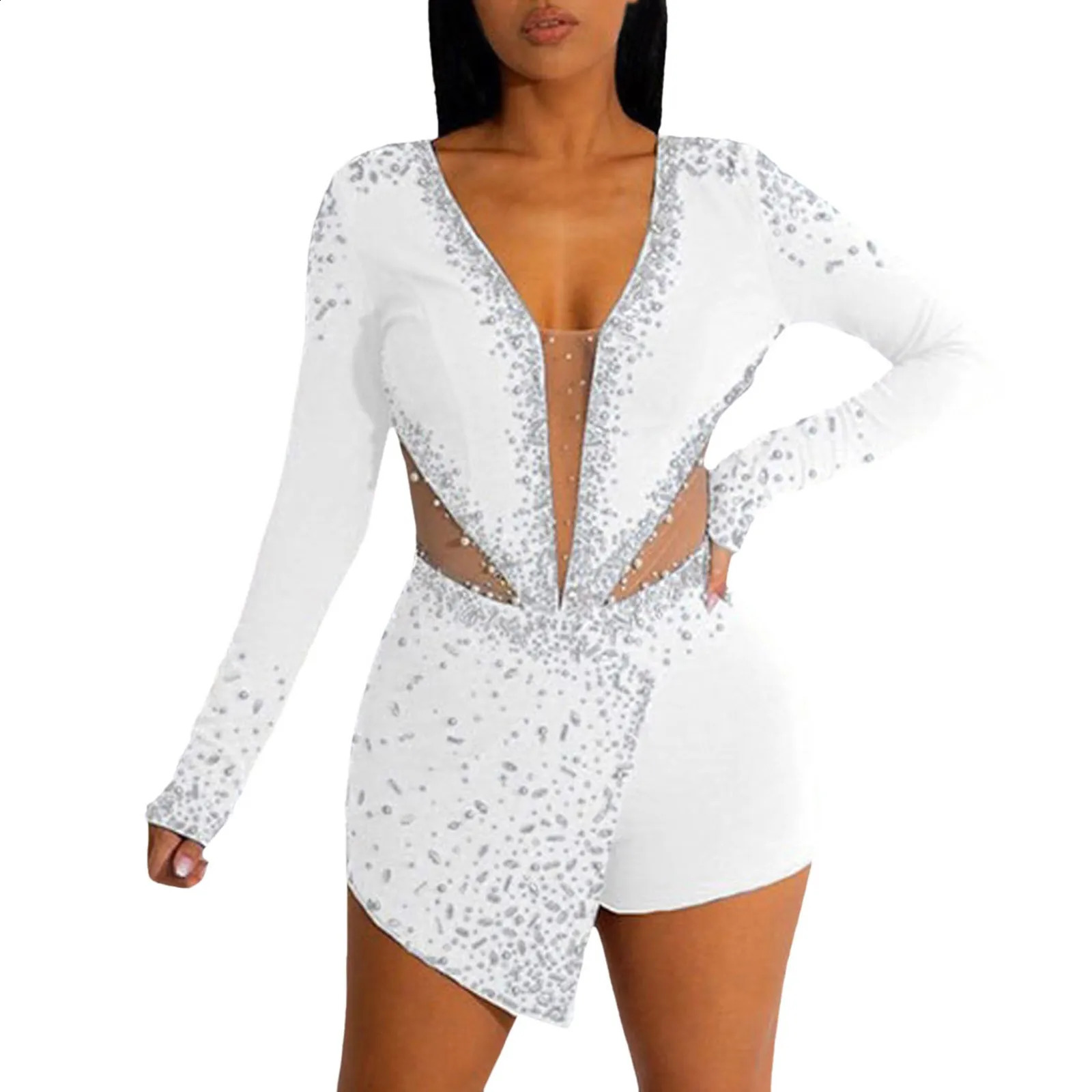 Sexy bodysuit with mesh stitching rhinestone deep Vneck long sleeved top sequined glitter nightclub party jumpsuit 250228