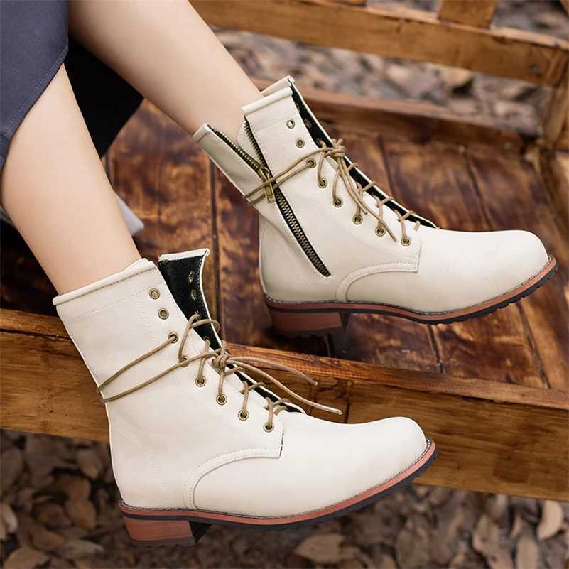FOREADA Womens Short Ankle Boots Round Toes Flat Lace Zipper Combat Boots Womens Fashion Shoes Winter Black Beige Brown 46 Z250303