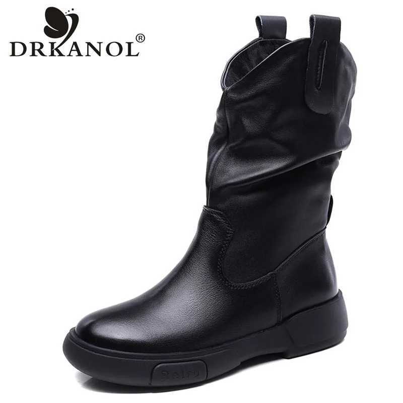 DRKANOL Luxury Genuine Leather Mid-Calf Boots Women Genuine Leather Waterproof Rubber Sole Non-Slip Street Style Slip-On boots Z250303