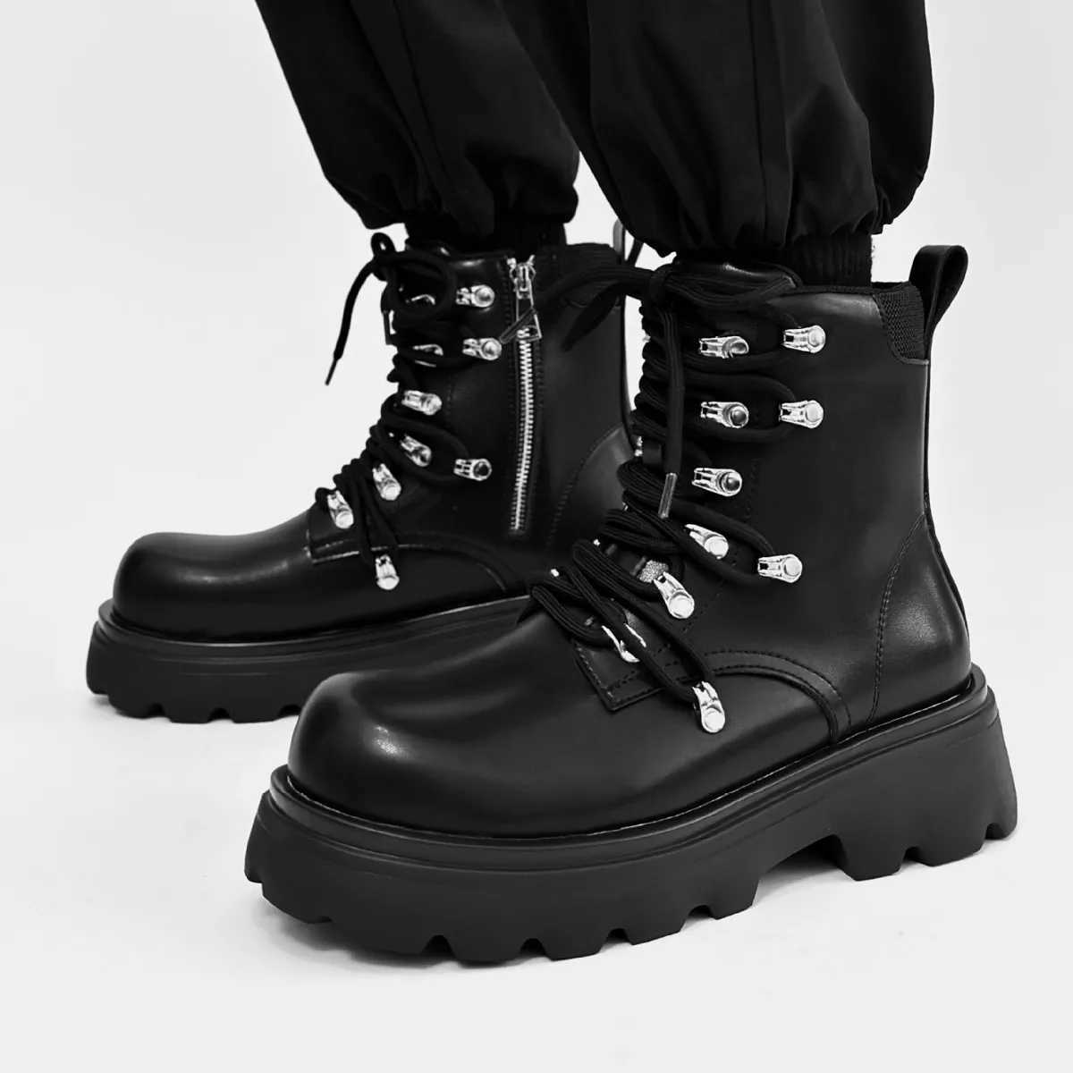 Mens Zipper Boots Luxury Brand Genuine Leather Casual Winter High Top Thick Bottom Men Italian Designer Punk Motorcycle Boots Z250303