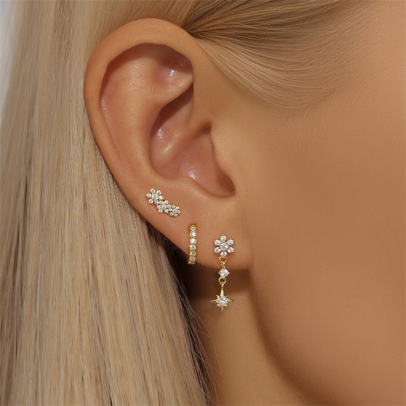 CANNER 3pc 925 Silver Exquisite Diamond Flat Thread Earrings Set For Women 18K Gold Eight Pointed Star Jewelry 250228