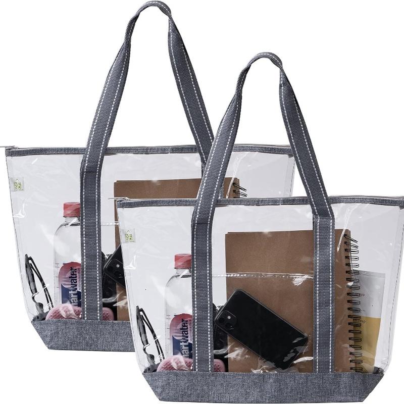 Ship from US 2 Packs Clear Tote Beach Bags for Woman wZipper Shoulder Strap Transparent Lunch Shopping Bag Travel Stadium 250228FBB